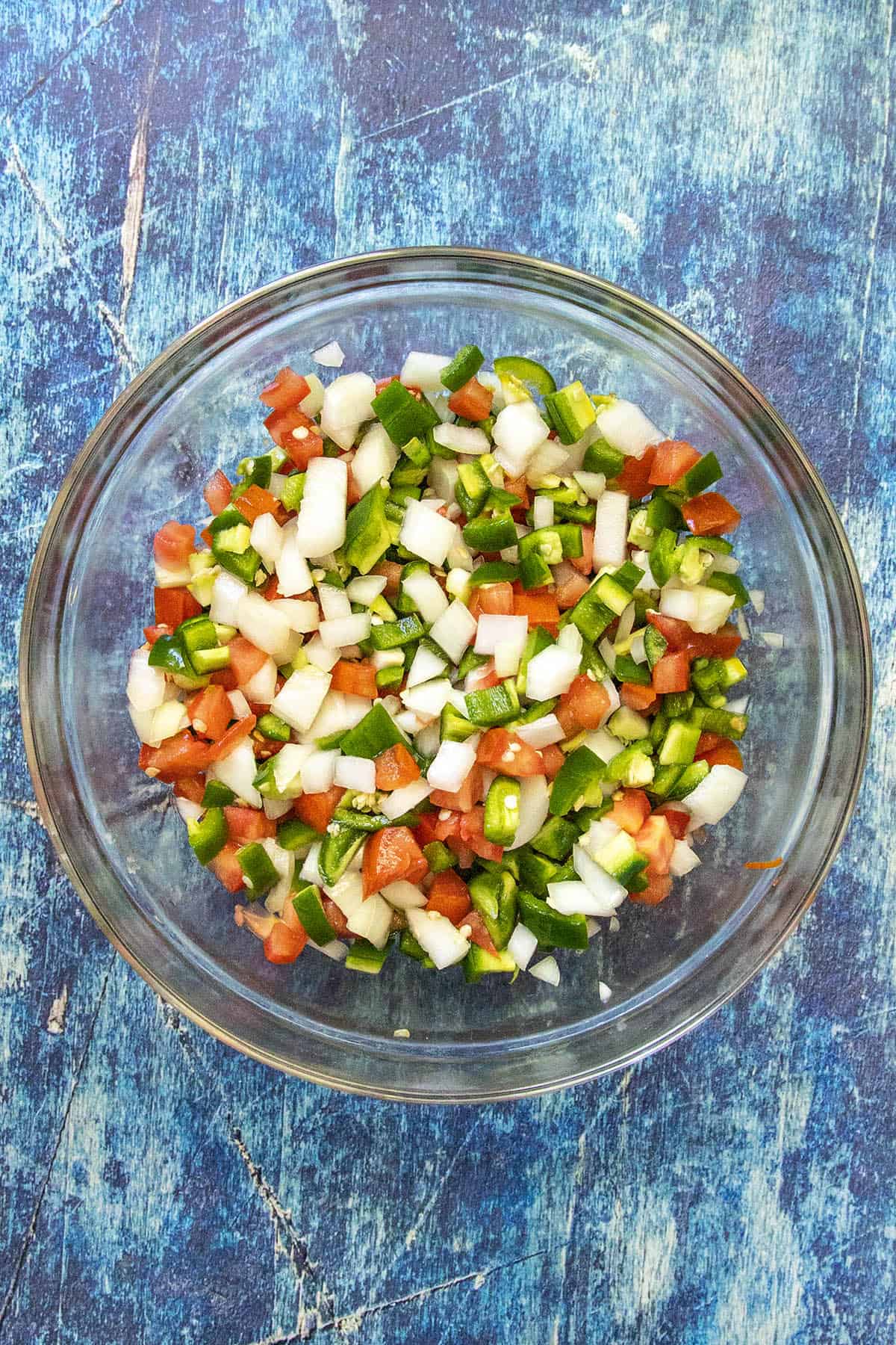 Raw salsa in a bowl, ready for cooking and canning