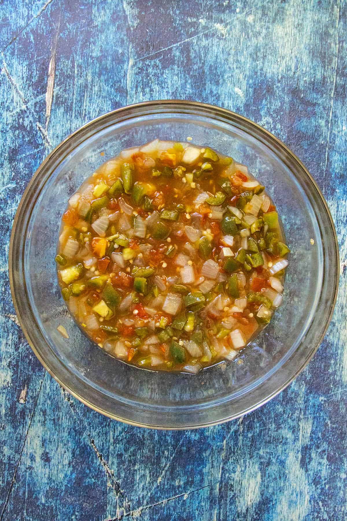 Cooked salsa in a bowl, ready for canning