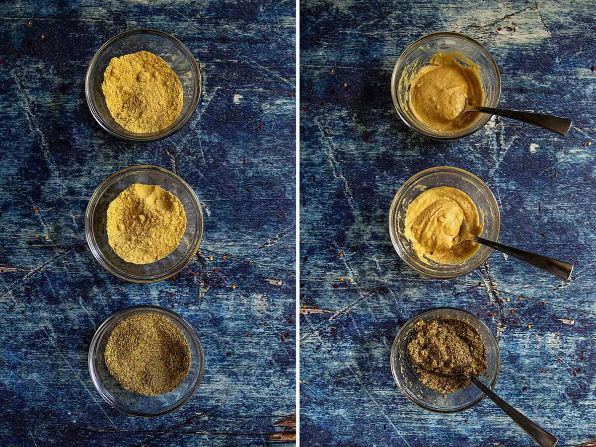 Three bowls with yellow and brown powders, including Chinese Hot Mustard powder, on the left, and the same bowls with the powders mixed into pastes on the right, all placed on a blue textured surface.
