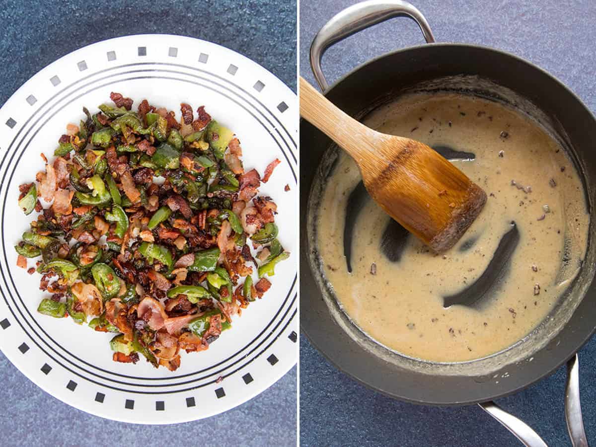 A plate of cooked chopped vegetables and bacon sits next to a pan containing creamy Jalapeno Popper Mac and Cheese sauce being stirred with a wooden spoon on a dark countertop.