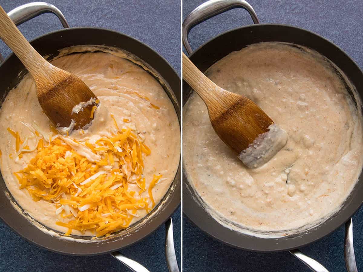 A side-by-side view of a skillet: on the left, shredded cheese being mixed into a creamy sauce for Jalapeno Popper Mac and Cheese; on the right, the sauce is smooth and well blended, both stirred with a wooden spoon.