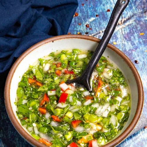 Zesty Aji Picante (Colombian Hot Sauce) served in a small bowl with a spoon