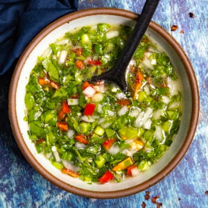 Spicy Colombian Hot Sauce (Aji Picante) served in a bowl with a spoon