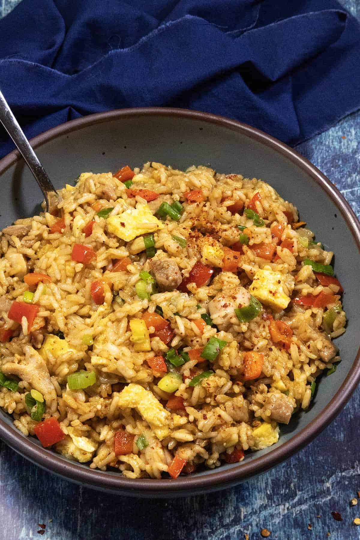 A large bowl of Peruvian Fried Rice with Chicken (Arroz Chaufa)