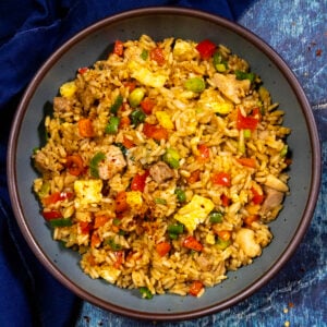A bowl of satisfying Arroz Chaufa (Peruvian Fried Rice with Chicken), ready to eat