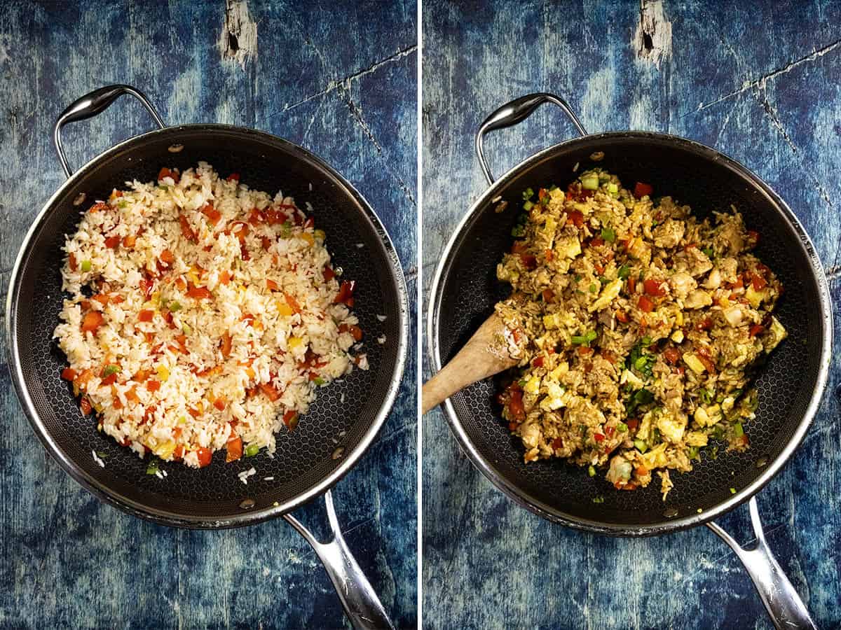 Stir frying Arroz Chaufa in a large wok