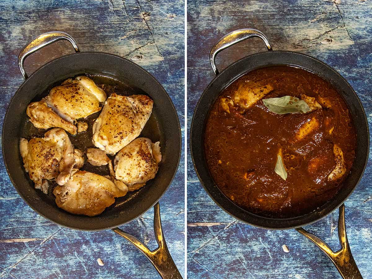 Searing boneless chicken and simmering it in a pan with birria sauce to make Chicken Birria (Birria de Pollo)
