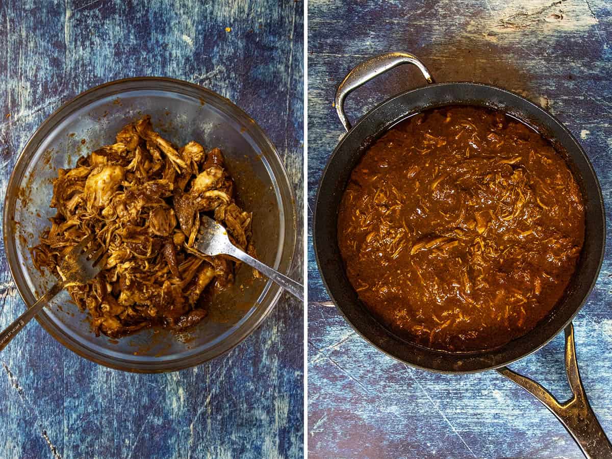 Shredding cooked chicken and simmering it in a pan with birria sauce to make Chicken Birria (Birria de Pollo)