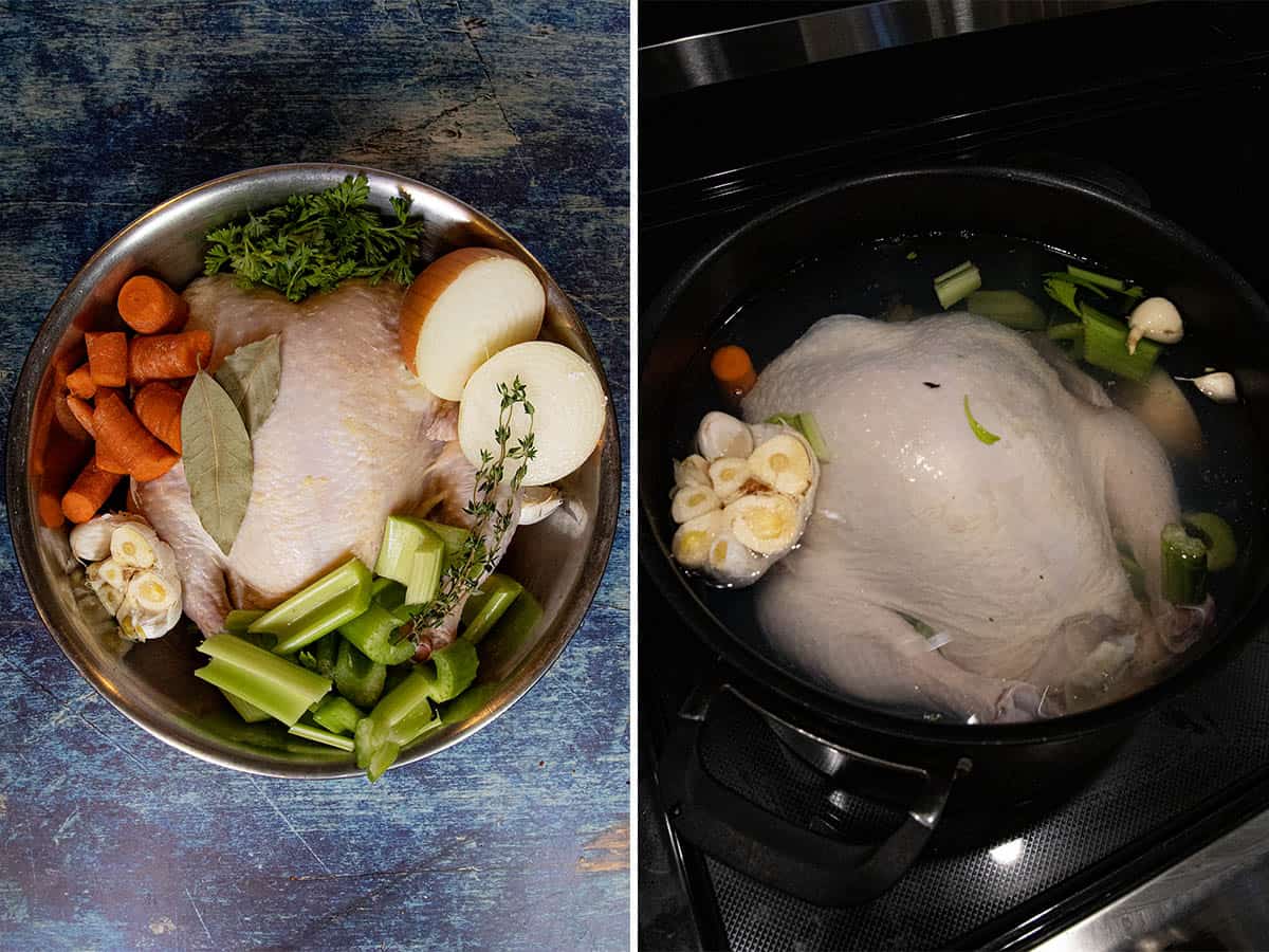 A whole chicken simmering in a pot with aromatics and water for making Homemade Chicken Soup with noodles