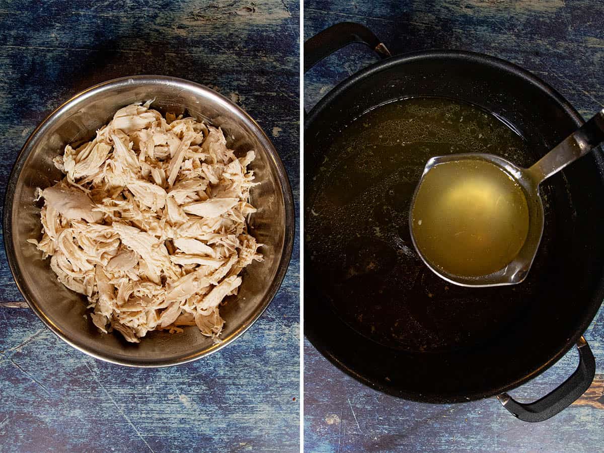 Freshly poached and shredded chicken in a bowl and homemade chicken broth ready for making Homemade Chicken Soup with noodles