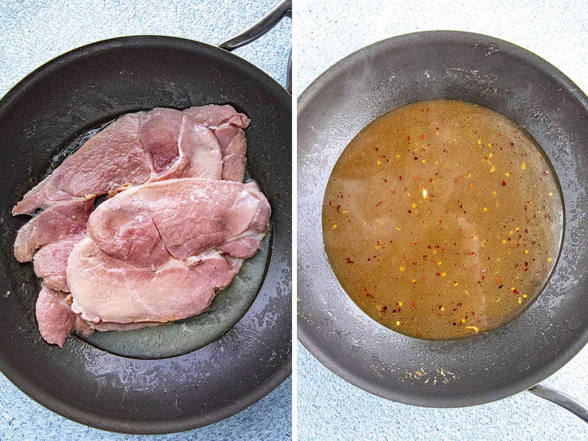 Searing country ham in a pan, then adding coffee to make red eye gravy