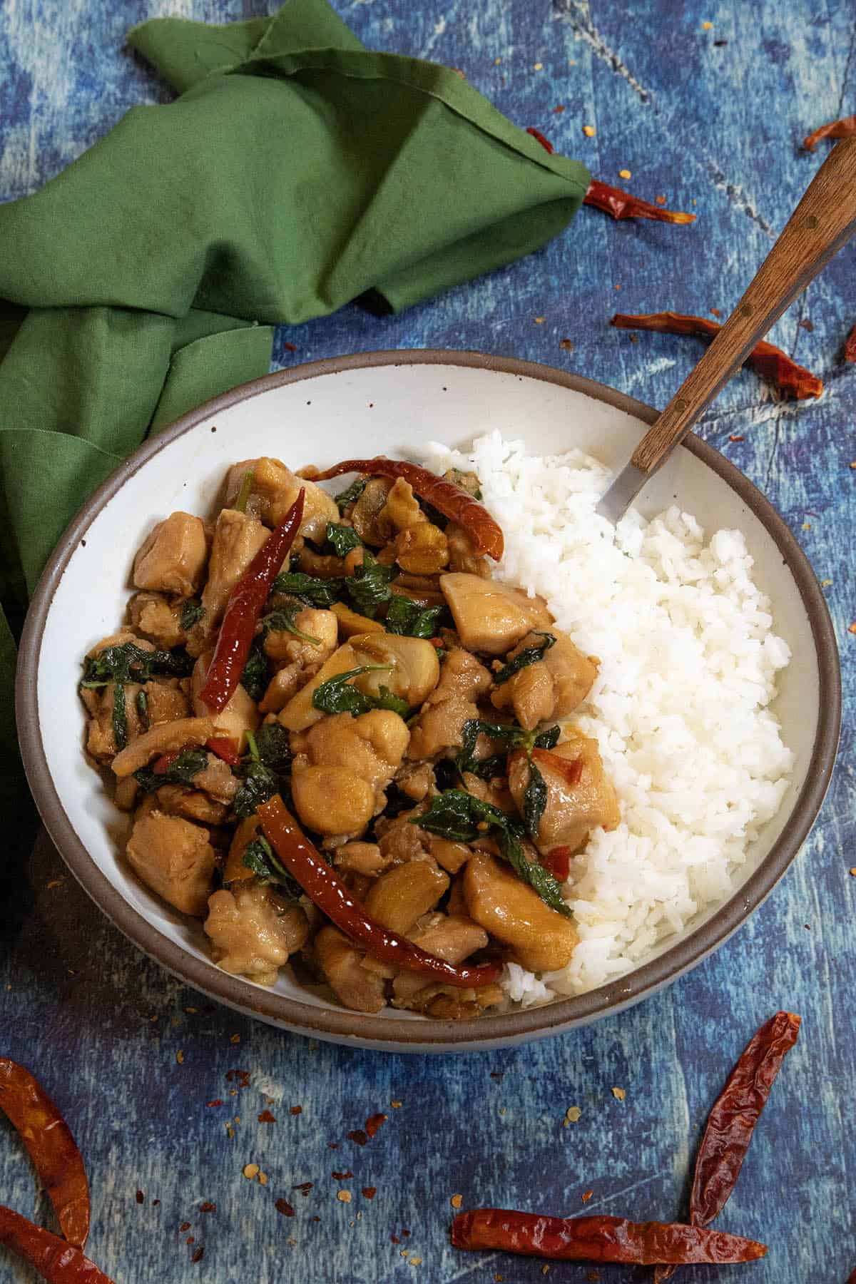 Saucy Three Cup Chicken (San Bei Ji) served in a bowl over white rice