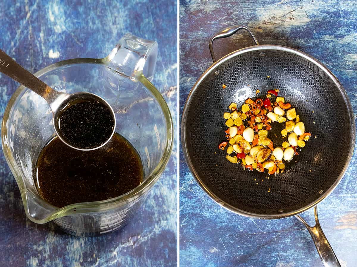 Two Photos Side by Side: The first is a jar of dark sauce, and the second is cooking lots of garlic, chilies, and ginger in a wok to make Three Cup Chicken (San Bei Ji)