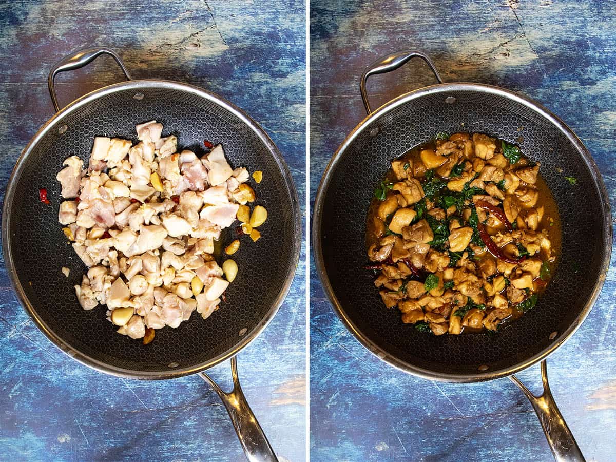 Cooking chunks of chicken thighs in a wok, then simmering them with sauce, basil, and chilies to make Three Cup Chicken (San Bei Ji)